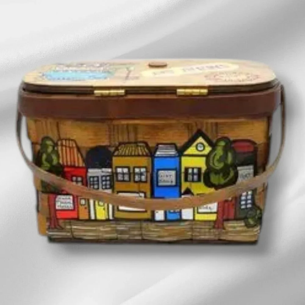 Vintage MCM Caro-Nan Basket Purse Signed Grand Rapids Streetscape Hand Painted - Picture 14 of 14